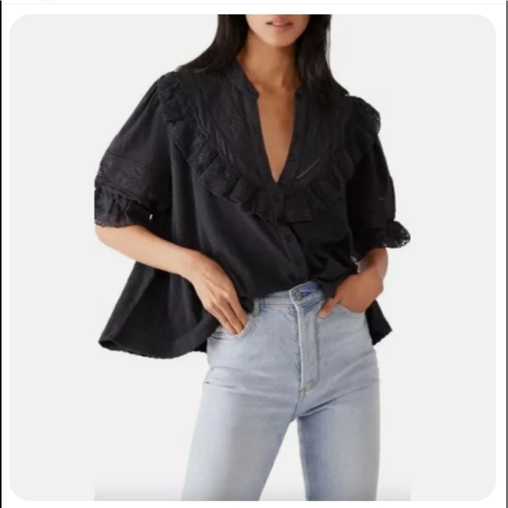 Free People Black Crochet Ruffle V-Neck Blouse